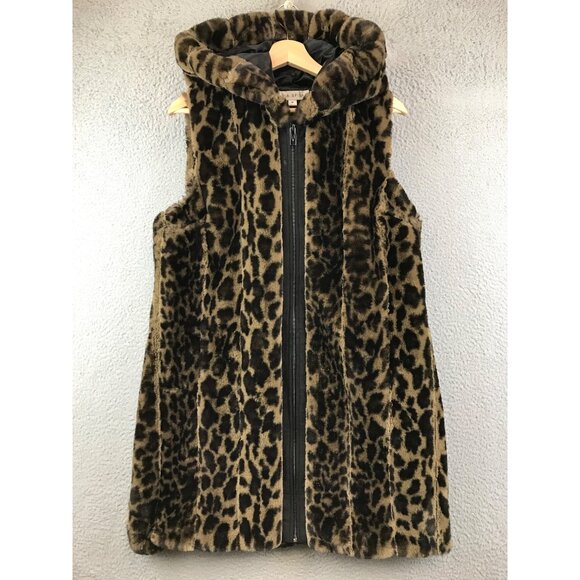 Via Spiga Faux Fur Hooded Long Vest in Leopard size M - Picture 1 of 11